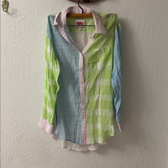 Solid & Striped Mixed Print Long Oxford Tunic Swim Coverup Blue Green Pink XS - Picture 5 of 6